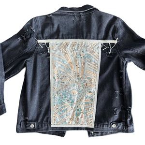 Custom Sequin Jean Jacket, Black with Fringe